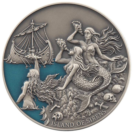 Niue: Mythical Creatures - Sirens coloured $5 Silver 2022 High Relief Antiqued Coin