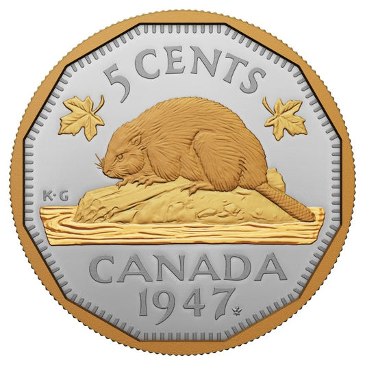 Canada: 1947 Maple Leaf Mark 5-Cent Gold Plated Silver 2023 Proof