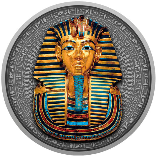 Niue: Tutankhamun Mask Colored Gold Plated $5 Silver 2022 Antique Finish