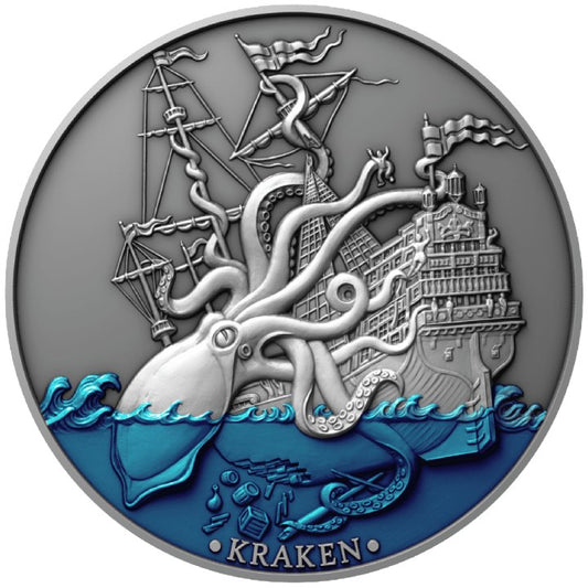 Niue: Mythical Creatures - Sea Monster Kraken coloured $5 Silver 2021 High Relief Antiqued Coin