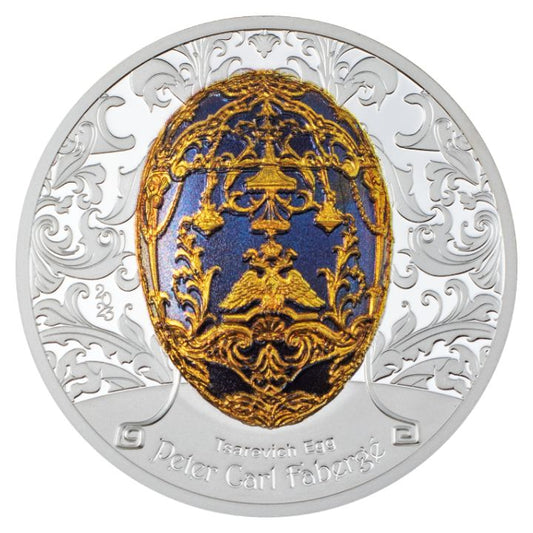 Mongolia: Peter Carl Fabergé – Tsarevich Egg Colored 2 oz Silver 2023 Proof High Relief